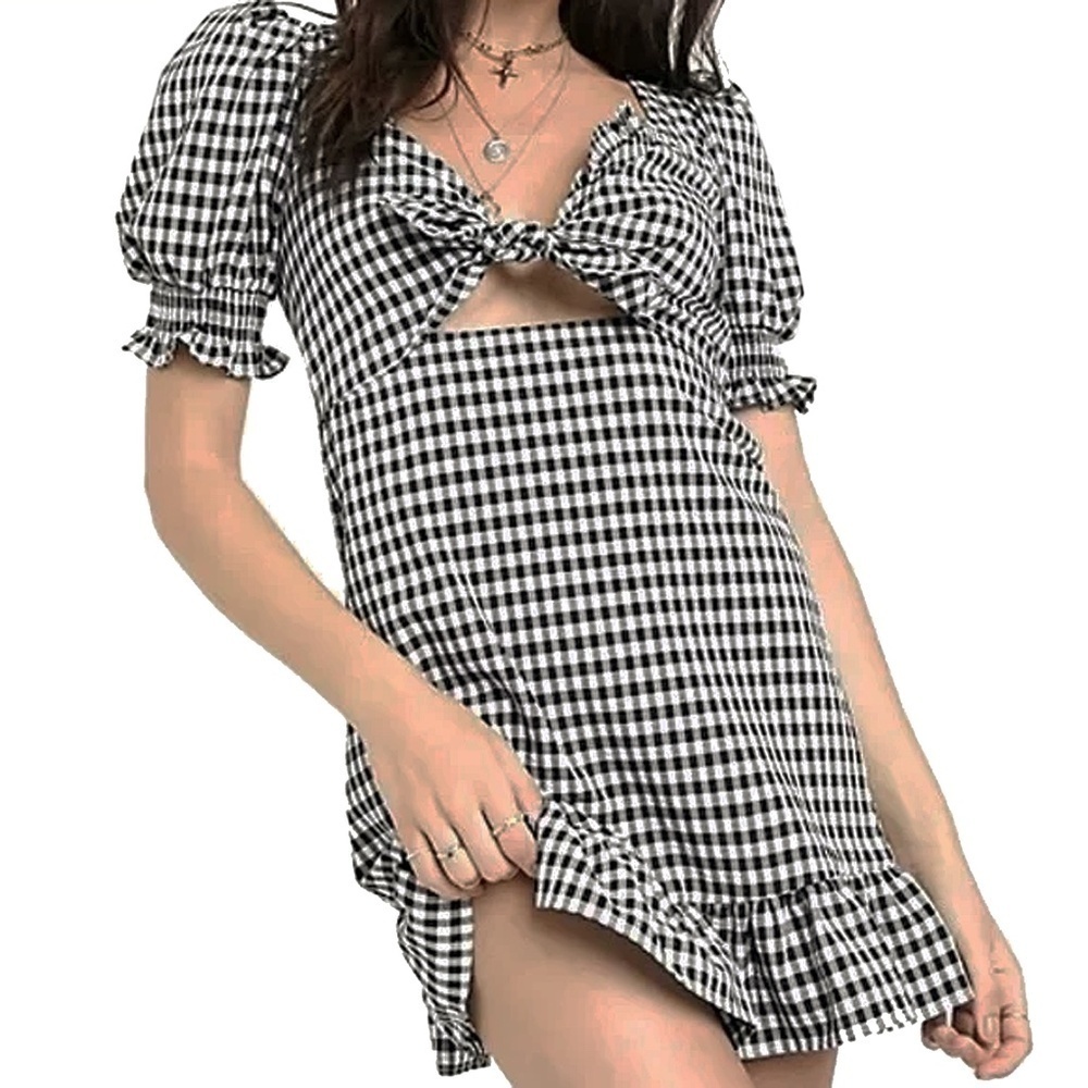 Topshop Dress Gingham Check Cut Out Back and Front Puff Sleeves Shirring NWOT